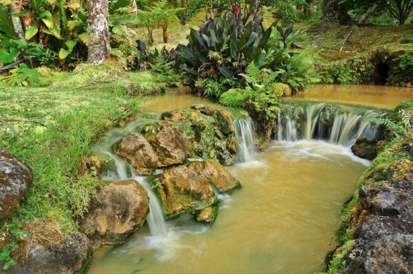 Kaskaden inmitten tropischer Vegatation nahe Furnas, Sao Miguel, Azoren, Portugal