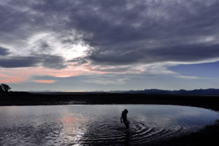 Mädchen spielt im Watt, Tasman Bay, Neuseeland
