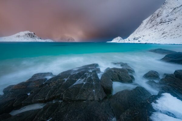 Lofoten, Strand, Winter, Haukland Beach, Vestvågøy, Norwegen, Landschaftsfotografie, Bilder, Foto, Landschaften